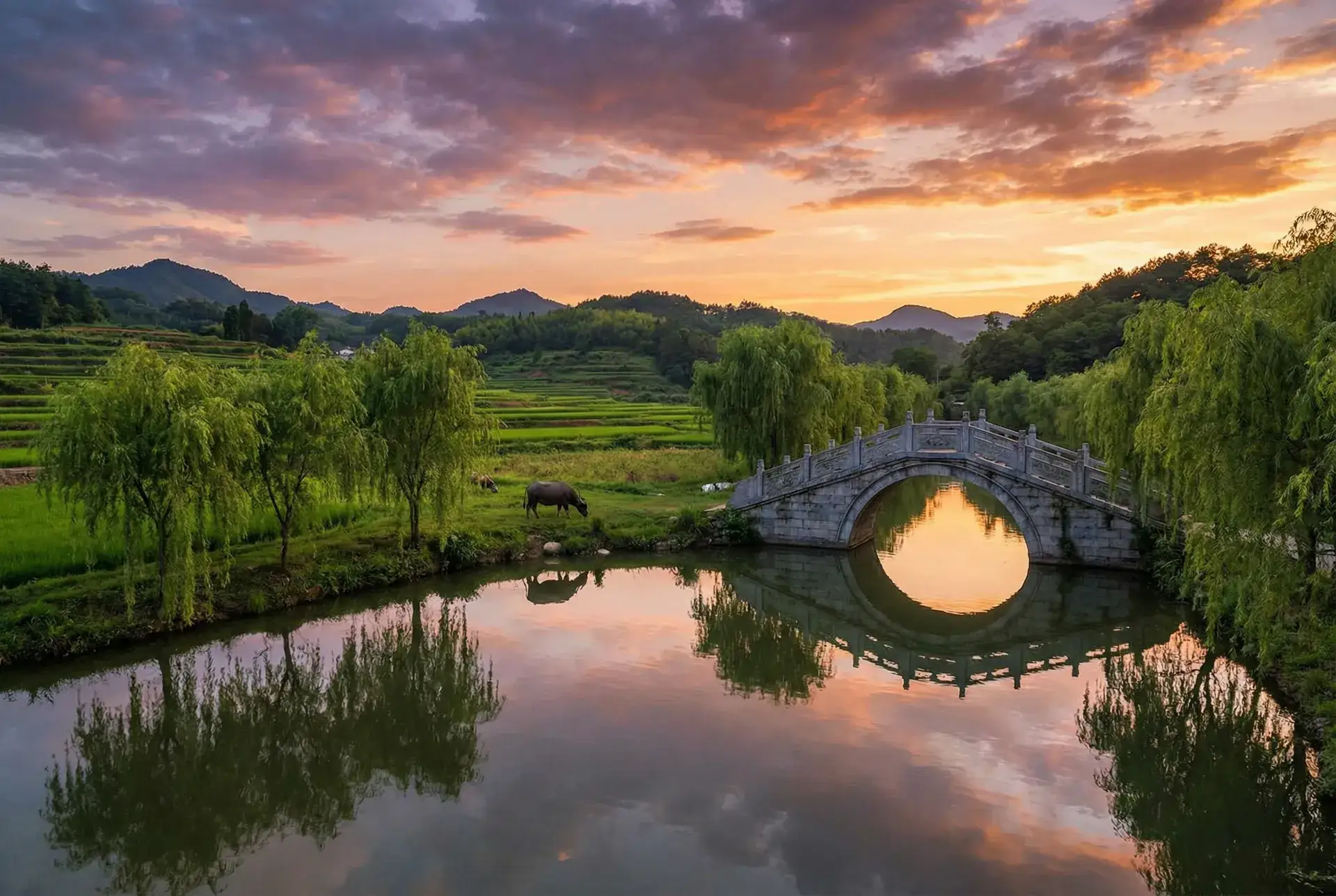 夕阳下的石拱桥与垂柳，水牛在河边吃草 - 烈火狼之笼斗 乡村美景